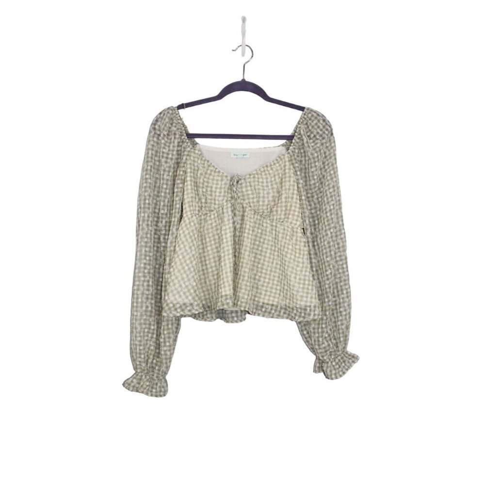 Blu Pepper Blouse Women's S Green Gingham Peasant Textured Baby Doll Spring